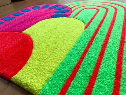 One of a kind, vibrant, hand tufted rug.