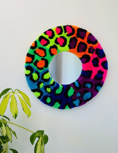 Neon rainbow and black leopard print mini mirror