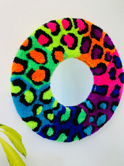 Neon rainbow and black leopard print mini mirror