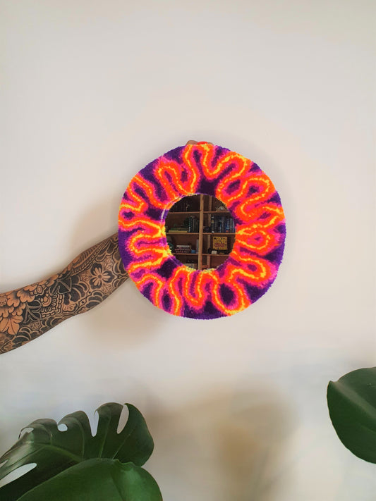 Miniature round mirror in neon yellow and purple